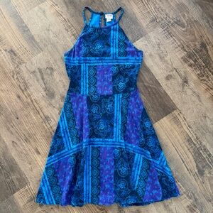 Boho Women's Dress M Blue High Neck Sleeveless Mini Paisley Hippie Cotton Flowy